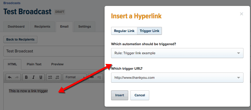 drip email automation trigger link - insert link